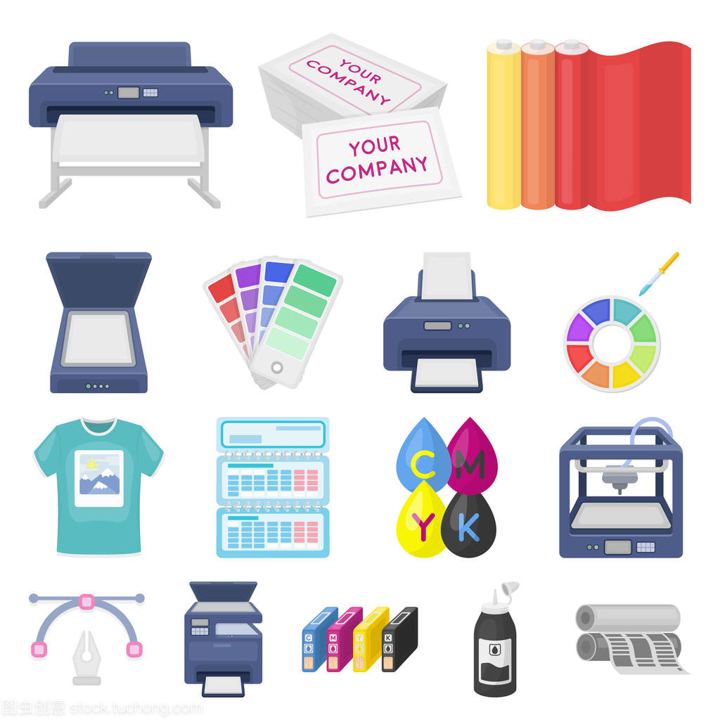 印刷產(chǎn)品卡通圖標(biāo)集合中的設(shè)計(jì)。印刷和設(shè)備矢量符號(hào)庫(kù)存 web 插圖